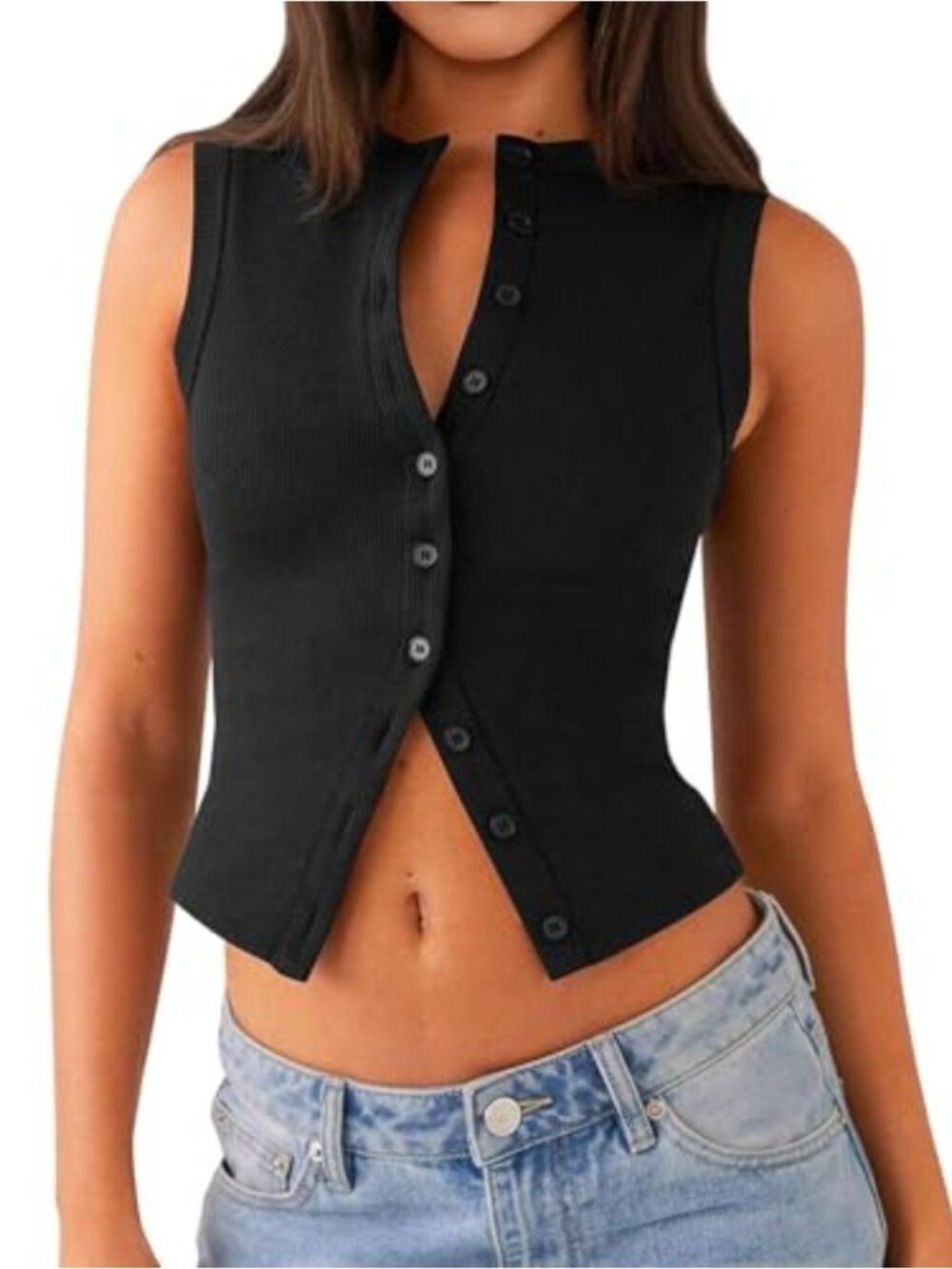 Womens Ribbed Button Down Crop Top Sleeveless Y2K Tank